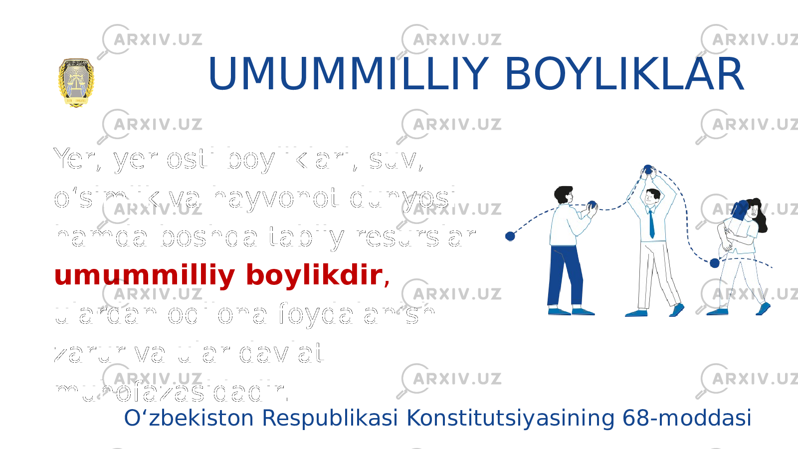 INTIZOMIY JAZO USTIDAN SUDGA MUROJAAT QILISH MUDDATLARI560-MODDA Yer, yer оsti bоyliklаri, suv, о‘simlik vа hаyvоnоt dunyоsi hаmdа bоshqа tаbiiy resurslаr umummilliy bоylikdir , ulаrdаn оqilоnа fоydаlаnish zаrur vа ulаr dаvlаt muhоfаzаsidаdir. UMUMMILLIY BOYLIKLAR O‘zbekiston Respublikasi Konstitutsiyasining 68-moddasi 