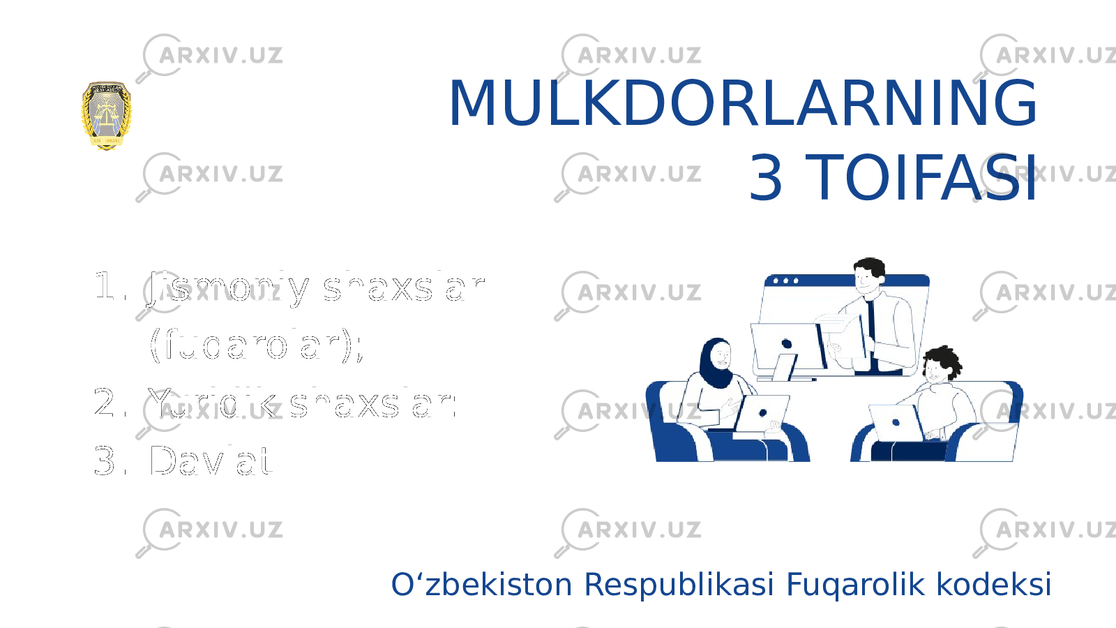 1. Jismoniy shaxslar (fuqarolar); 2. Yuridik shaxslar: 3. Davlat MULKDORLARNING 3 TOIFASI O‘zbekiston Respublikasi Fuqarolik kodeksi 