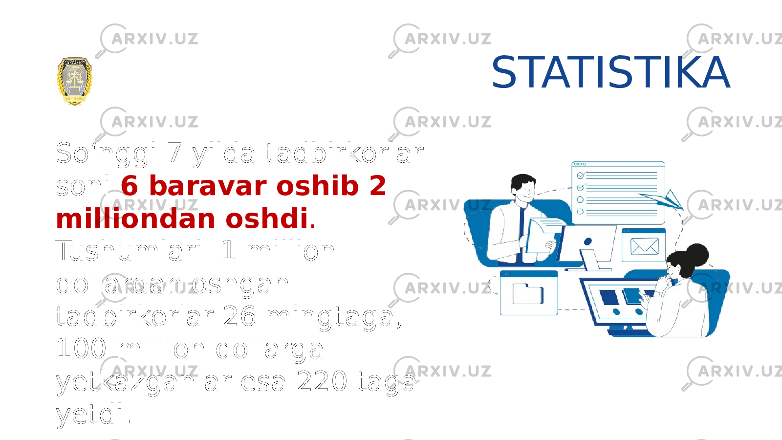 So‘nggi 7 yilda tadbirkorlar soni 6 baravar oshib 2 milliondan oshdi . Tushumlari 1 million dollardan oshgan tadbirkorlar 26 mingtaga, 100 million dollarga yetkazganlar esa 220 taga yetdi. STATISTIKA 