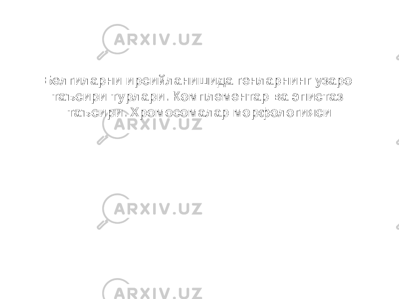 Белгиларни ирсийланишида генларнинг узаро таъсири турлари. Комплементар ва эпистаз таъсири. Хромосомалар морфологияси 