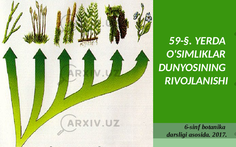 59-§. YERDA O&#39;SIMLIKLAR DUNYOSINING RIVOJLANISHI 6-sinf botanika darsligi asosida. 2017. 