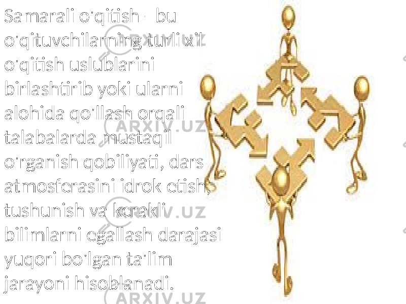 Samarali o&#39;qitish - bu o&#39;qituvchilarning turli xil o&#39;qitish uslublarini birlashtirib yoki ularni alohida qo&#39;llash orqali talabalarda mustaqil o&#39;rganish qobiliyati, dars atmosferasini idrok etish, tushunish va kerakli bilimlarni egallash darajasi yuqori bo&#39;lgan ta&#39;lim jarayoni hisoblanadi. 