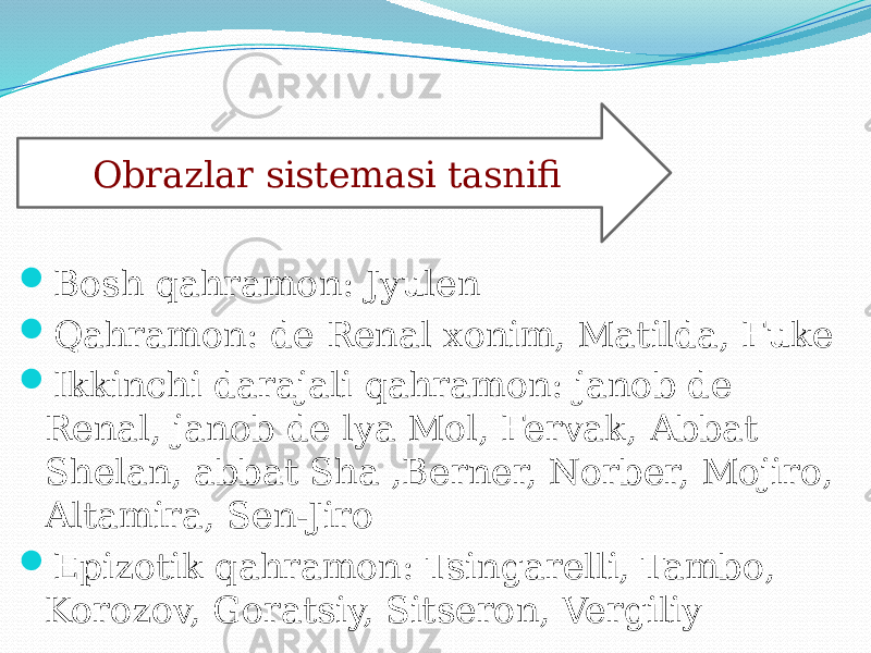  Bosh qahramon: Jyulen  Qahramon: de Renal xonim, Matilda, Fuke  Ikkinchi darajali qahramon: janob de Renal, janob de lya Mol, Fervak, Abbat Shelan, abbat Sha ,Berner, Norber, Mojiro, Altamira, Sen-Jiro  Epizotik qahramon: Tsingarelli, Tambo, Korozov, Goratsiy, Sitseron, Vergiliy Obrazlar sistemasi tasnifi 