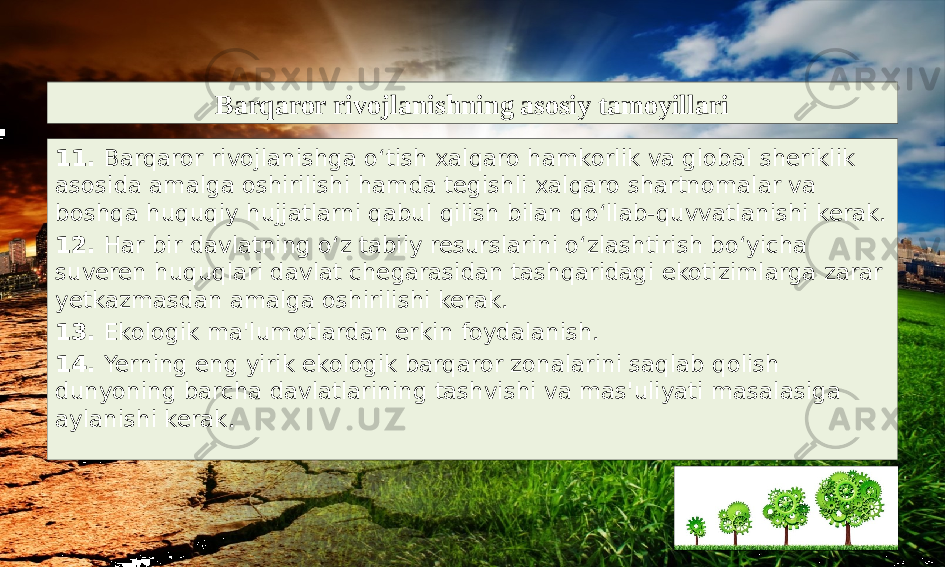 Barqaror rivojlanishning asosiy tamoyillari 11. Barqaror rivojlanishga o‘tish xalqaro hamkorlik va global sheriklik asosida amalga oshirilishi hamda tegishli xalqaro shartnomalar va boshqa huquqiy hujjatlarni qabul qilish bilan qo‘llab-quvvatlanishi kerak. 12. Har bir davlatning o‘z tabiiy resurslarini o‘zlashtirish bo‘yicha suveren huquqlari davlat chegarasidan tashqaridagi ekotizimlarga zarar yetkazmasdan amalga oshirilishi kerak. 13. Ekologik ma&#39;lumotlardan erkin foydalanish. 14. Yerning eng yirik ekologik barqaror zonalarini saqlab qolish dunyoning barcha davlatlarining tashvishi va mas&#39;uliyati masalasiga aylanishi kerak. 