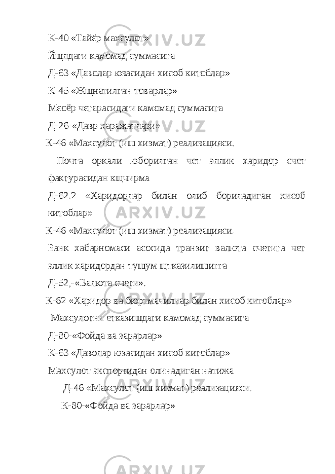 К-40 «Тайёр махсулот» Йщлдаги камомад суммасига Д-63 «Даволар юзасидан хисоб китоблар» К-45 «Жщнатилган товарлар» Меoёр чегарасидаги камомад суммасига Д-26-«Давр харажатлари» К-46 «Махсулот (иш хизмат) реализацияси. Почта оркали юборилган чет эллик харидор счет фактурасидан кщчирма Д-62.2 «Харидорлар билан олиб бориладиган хисоб китоблар» К-46 «Махсулот (иш хизмат) реализацияси. Банк хабарномаси асосида транзит валюта счетига чет эллик харидордан тушум щтказилишигга Д-52,-«Валюта счети». К-62 «Харидор ва бюртмачилиар билан хисоб китоблар» Махсулотни етказишдаги камомад суммасига Д-80-«Фойда ва зарарлар» К-63 «Даволар юзасидан хисоб китоблар» Махсулот экспортидан олинадиган натижа Д-46 «Махсулот (иш хизмат) реализацияси. К-80-«Фойда ва зарарлар» 