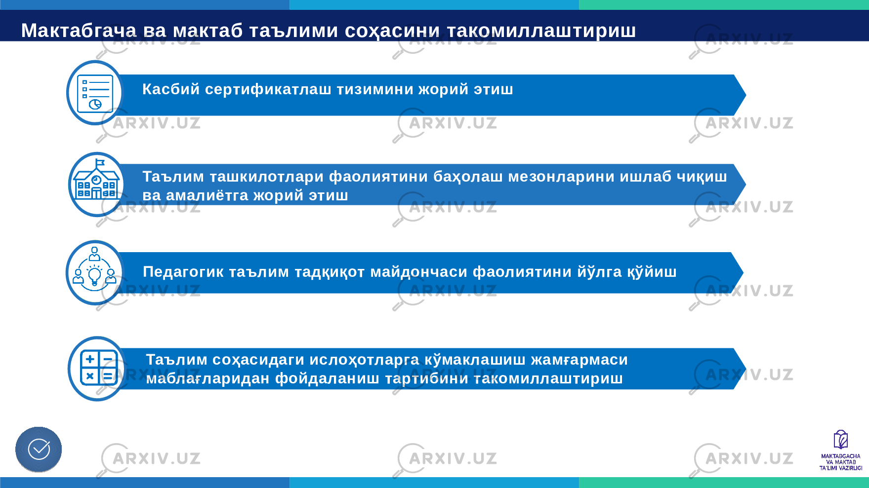 Мактабгача ва мактаб таълими соҳасини такомиллаштириш Касбий сертификатлаш тизимини жорий этиш Таълим ташкилотлари фаолиятини баҳолаш мезонларини ишлаб чиқиш ва амалиётга жорий этиш Педагогик таълим тадқиқот майдончаси фаолиятини йўлга қўйиш Таълим соҳасидаги ислоҳотларга кўмаклашиш жамғармаси маблағларидан фойдаланиш тартибини такомиллаштириш 