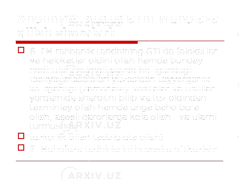 Aholini va hudud lar ni muhofaza qilish ch o ralari:  6. FM rahbarlik tarkibining GTI da falokatlar va halokatlar oldini olish hamda b u nday hodisalar ehtimoli paydo bo`lgandagi faoliyat masalalari yuzasida n tayyorgarlik ko`rganligi (zamonaviy vositalar va usullar yordamida sharoitni bilib va tez oldindan taxminlay olish hamda unga baho bera olish, asosli qarorlarga kela olish va ularni turmushga  tezkorlik bilan tadbiq eta olish).  7. Muhofaza tadbirlarini bevosita o`tkazish: 