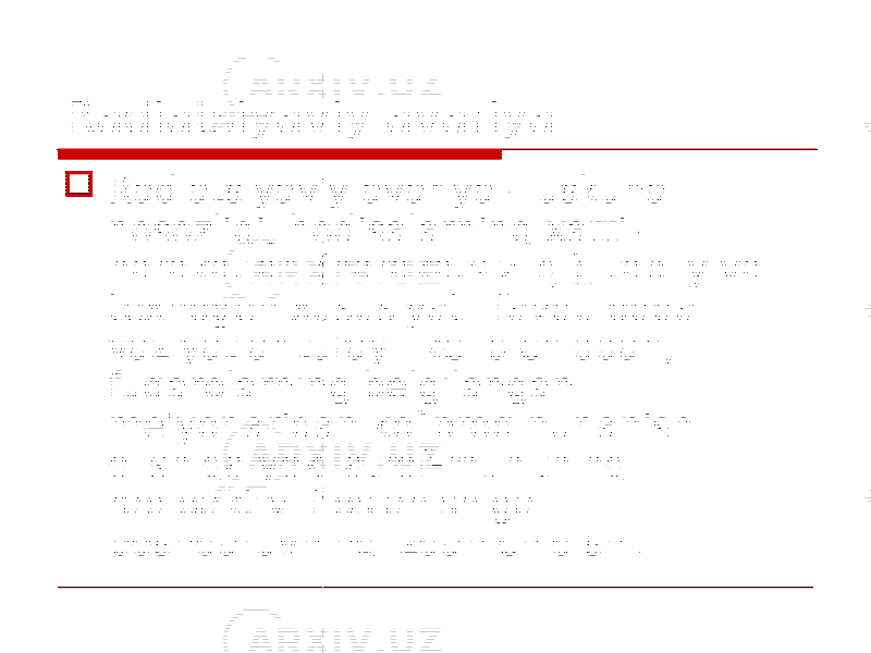 Radiatsiyaviy avariya  Radiatsiyaviy avariya – uskuna nosozligi, hodisalarning xatti- harakatlari (harakatsizligi), tabiiy va tеxnogеn xususiyatli favqulodda vaziyatlar tufayli kеlib chiqqan, fuqarolarning bеlgilangan mе&#39;yorlaridan ko`proq nurlanish olishiga yoki atrof-muhitning radioaktiv ifloslanishiga boshqaruvning izdan chiqishi. 