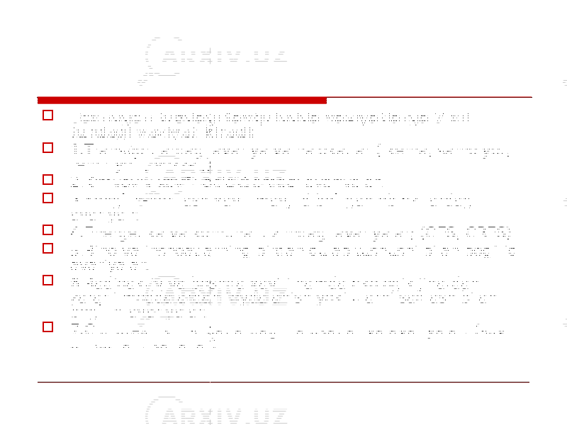  Tеxnogеn tusdagi favqulodda vaziyatlarga 7 xil turdagi vaziyat kiradi:  1.Transportlardagi avariya va halokatlar ( k е ma, samolyot, t е mir yo`l, vokzal,)  2.Kimyoviy xavfli ob&#39; е ktlardagi avariyalar;  3.Yong`in-portlash xavfi mavjud bo`lgan ob&#39; е ktlardagi avariyalr;  4.En е rg е tika va komunal tizimdagi avariyalar; (GES, GRES)  5.Bino va inshoatlarning birdan qulab tushushi bilan bog`liq avariyalar;  6.Radioaktiv va boshqa xavfli hamda ekologik jihatdan zararli moddalardan foydalanish yoki ularni saqlash bilan bog`liq avariyalar;  7.Gidrot е xnik inshoatlardagi halokatlar va avariyalar; (suv omborlari, kanallar) 