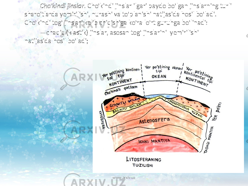 Cho&#39;kindi jinslar. Cho&#39;kindi jinslar ilgari paydo bo&#39;lgan jinslarning turli sharoitlarda yemirilishi, nurashi va to&#39;planishi natijasida hosil bo&#39;ladi. Cho&#39;kindi tog&#39; jinslari kelib chiqishiga ko&#39;ra lo&#39;rt guruhga bo&#39;linadi: — chaqiq (klastik) jinslar, asosan tog&#39; jinslarini yemirilishi natijasida hosil bo&#39;ladi; www.arxiv.uz 