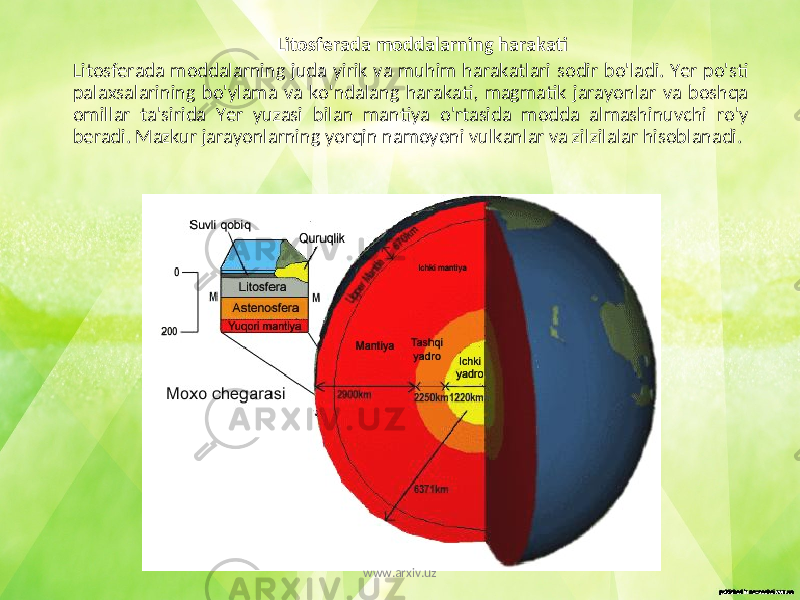  Litosferada moddalarning harakati Litosferada moddalarning juda yirik va muhim harakatlari sodir bo&#39;ladi. Yer po&#39;sti palaxsalarining bo&#39;ylama va ko&#39;ndalang harakati, magmatik jarayonlar va boshqa omillar ta&#39;sirida Yer yuzasi bilan mantiya o&#39;rtasida modda almashinuvchi ro&#39;y beradi. Mazkur jarayonlarning yorqin namoyoni vulkanlar va zilzilalar hisoblanadi. www.arxiv.uz 