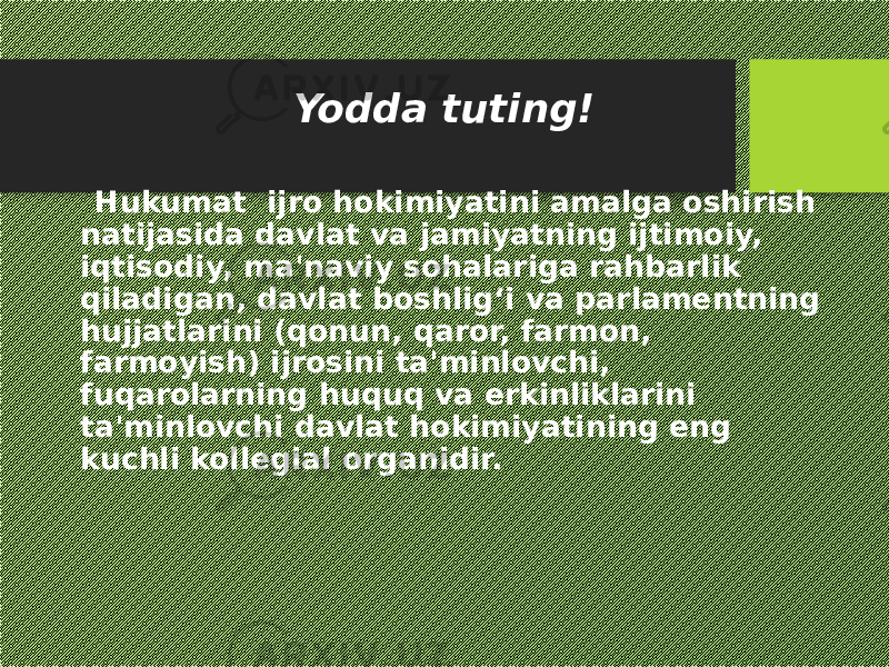 Yodda tuting! Hukumat ijro hokimiyatini amalga oshirish natijasida davlat va jamiyatning ijtimoiy, iqtisodiy, ma&#39;naviy sohalariga rahbarlik qiladigan, davlat boshlig‘i va parlamentning hujjatlarini (qonun, qaror, farmon, farmoyish) ijrosini ta&#39;minlovchi, fuqarolarning huquq va erkinliklarini ta&#39;minlovchi davlat hokimiyatining eng kuchli kollegial organidir. 