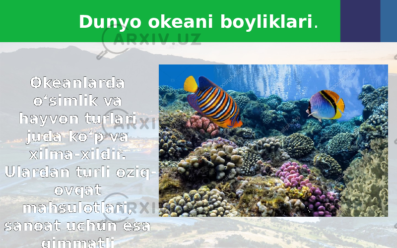 Dunyo okeani boyliklari . Okeanlarda o‘simlik va hayvon turlari juda ko‘p va xilma-xildir. Ulardan turli oziq- ovqat mahsulotlari, sanoat uchun esa qimmatli xomashyo olinadi. 