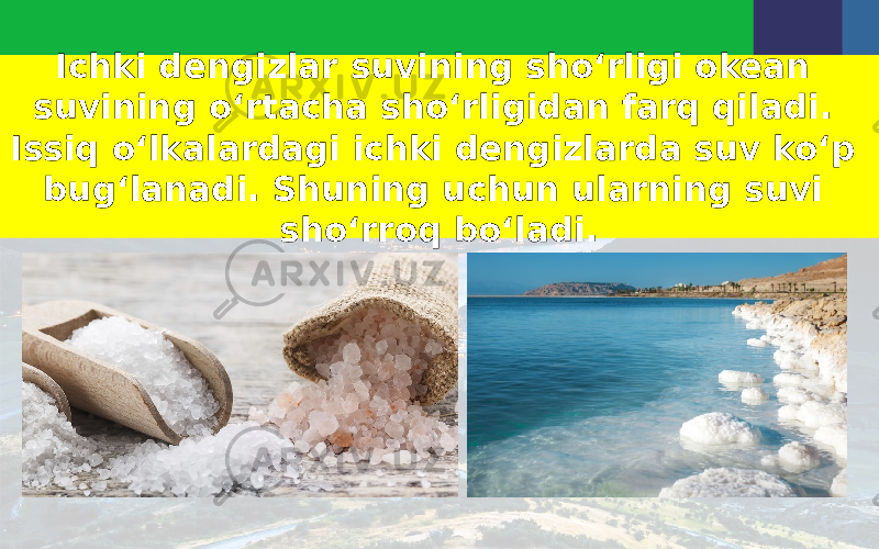 Ichki dengizlar suvining sho‘rligi okean suvining o‘rtacha sho‘rligidan farq qiladi. Issiq o‘lkalardagi ichki dengizlarda suv ko‘p bug‘lanadi. Shuning uchun ularning suvi sho‘rroq bo‘ladi. 