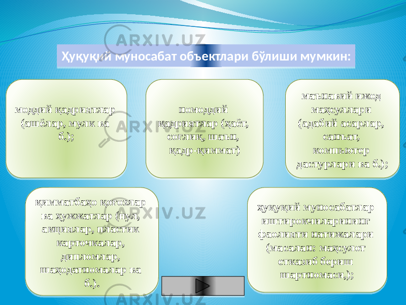 Ҳуқуқий муносабат объектлари бўлиши мумкин: моддий қадриятлар (ашёлар, мулк ва б.); номоддий қадриятлар (ҳаёт, соғлиқ, шаън, қадр-қиммат) маънавий ижод маҳсуллари (адабий асарлар, санъат, компьютер дастурлари ва б.); ҳуқуқий муносабатлар иштирокчиларининг фаолияти натижалари (масалан: маҳсулот етказиб бериш шартномаси,); қимматбаҳо қоғозлар ва ҳужжатлар (пул, акциялар, пластик карточкалар, дипломлар, шаҳодатномалар ва б.). 14 46 19 15 11 17 11 14 14 46 17 25 2B18 29 12 24 46 1E 1B18 11 2218 18 25 2B12 1B18 19 