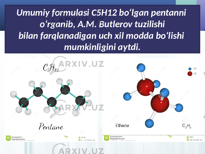 Umumiy formulasi C5H12 bo‘lgan pentanni o‘rganib, A.M. Butlerov tuzilishi bilan farqlanadigan uch xil modda bo‘lishi mumkinligini aytdi. 