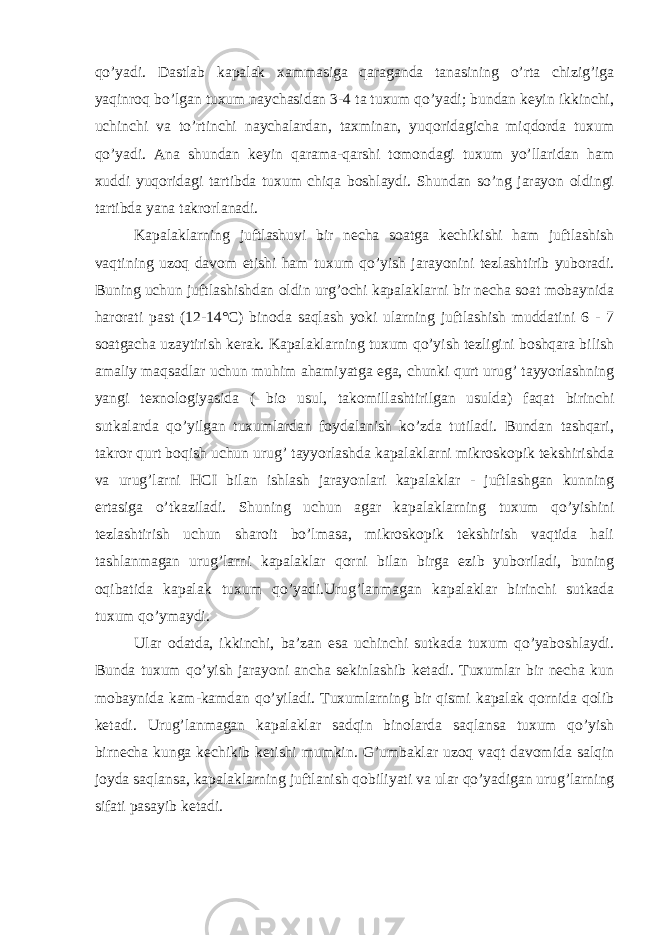 qo’yadi. Dastlab kapalak xammasiga qaraganda tanasining o’rta chizig’iga yaqinroq bo’lgan tuxum naychasidan 3-4 ta tuxum qo’yadi; bundan keyin ikkinchi, uchinchi va to’rtinchi naychalardan, taxminan, yuqoridagicha miqdorda tuxum qo’yadi. Ana shundan keyin qarama-qarshi tomondagi tuxum yo’llaridan ham xuddi yuqoridagi tartibda tuxum chiqa boshlaydi. Shundan so’ng jarayon oldingi tartibda yana takrorlanadi. Kapalaklarning juftlashuvi bir necha soatga kechikishi ham juftlashish vaqtining uzoq davom etishi ham tuxum qo’yish jarayonini tezlashtirib yuboradi. Buning uchun juftlashishdan oldin urg’ochi kapalaklarni bir necha soat mobaynida harorati past (12-14°C) binoda saqlash yoki ularning juftlashish muddatini 6 - 7 soatgacha uzaytirish kerak. Kapalaklarning tuxum qo’yish tezligini boshqara bilish amaliy maqsadlar uchun muhim ahamiyatga ega, chunki qurt urug’ tayyorlashning yangi texnologiyasida ( bio usul, takomillashtirilgan usulda) faqat birinchi sutkalarda qo’yilgan tuxumlardan foydalanish ko’zda tutiladi. Bundan tashqari, takror qurt boqish uchun urug’ tayyorlashda kapalaklarni mikroskopik tekshirishda va urug’larni HCI bilan ishlash jarayonlari kapalaklar - juftlashgan kunning ertasiga o’tkaziladi. Shuning uchun agar kapalaklarning tuxum qo’yishini tezlashtirish uchun sharoit bo’lmasa, mikroskopik tekshirish vaqtida hali tashlanmagan urug’larni kapalaklar qorni bilan birga ezib yuboriladi, buning oqibatida kapalak tuxum qo’yadi.Urug’lanmagan kapalaklar birinchi sutkada tuxum qo’ymaydi. Ular odatda, ikkinchi, ba’zan esa uchinchi sutkada tuxum qo’yaboshlaydi. Bunda tuxum qo’yish jarayoni ancha sekinlashib ketadi. Tuxumlar bir necha kun mobaynida kam-kamdan qo’yiladi. Tuxumlarning bir qismi kapalak qornida qolib ketadi. Urug’lanmagan kapalaklar sadqin binolarda saqlansa tuxum qo’yish birnecha kunga kechikib ketishi mumkin. G’umbaklar uzoq vaqt davomida salqin joyda saqlansa, kapalaklarning juftlanish qobiliyati va ular qo’yadigan urug’larning sifati pasayib ketadi. 