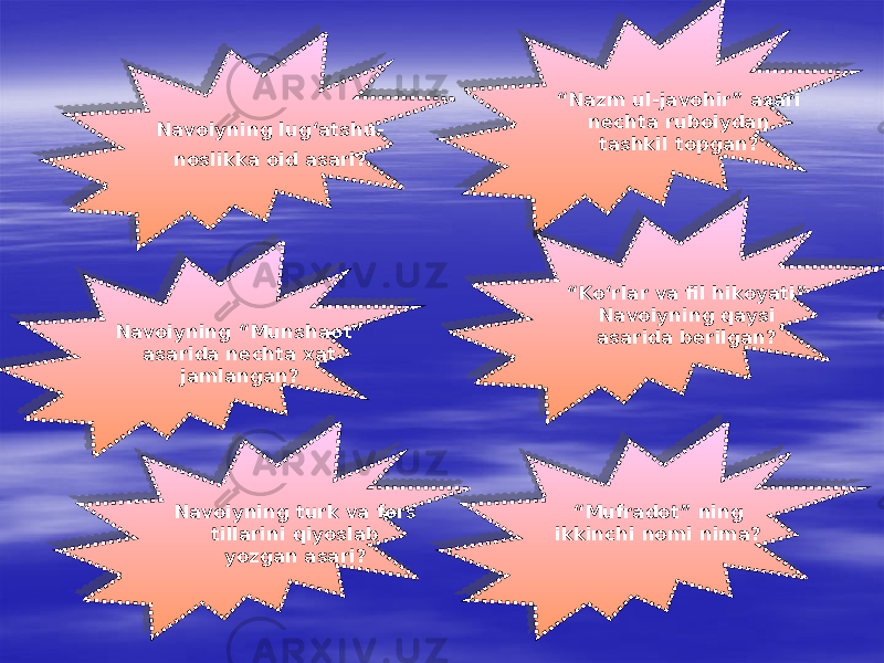 Navoiyning lug‘atshu- noslikka oid asari? “ Nazm ul-javohir” asari nechta ruboiydan tashkil topgan? Navoiyning “Munshaot” asarida nechta xat jamlangan? “ Ko‘rlar va fil hikoyati” Navoiyning qaysi asarida berilgan? Navoiyning turk va fors tillarini qiyoslab yozgan asari? “ Mufradot” ning ikkinchi nomi nima?1B 17 33 1B 17 1A 1B 15 1D 33 35 1B 15 1B 1A 1C 33 08 13 