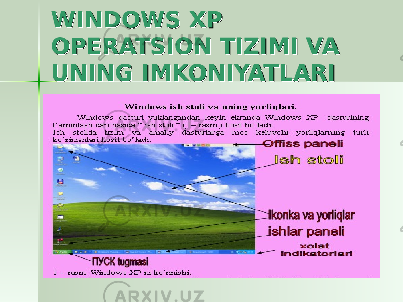WINDOWS XP WINDOWS XP OPERATSION TIZIMI VA OPERATSION TIZIMI VA UNING IMKONIYATLARIUNING IMKONIYATLARI 