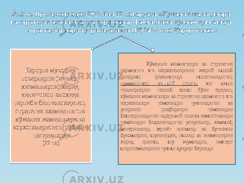 Ўз.Рес. Президентининг 2018 йил 22 январдаги «Хўжалик жамиятлари ва стратегик аҳамиятга эга корхоналар фаолиятини кўллаб-қувватлаш чора-тадбирлари тўғрисидаги»ги ПҚ-3487 -сон Қарор билан : Қарорга мувофиқ товарларни (ишлар, хизматларни) харид қилишнинг алоҳида тартиби белгиланадиган, стратегик аҳамиятга эга хўжалик жамиятлари ва корхоналарининг рўйхати тасдиқланди (22 та) Хўжалик жамиятлари ва стратегик аҳамиятга эга корхоналарнинг жорий ишлаб чиқариш фаолиятида ишлатиладиган, суммасидан қатъий назар, энг яхши таклифларни танлаб олиш йўли орқали, хўжалик жамиятлари ва стратегик аҳамиятга эга корхоналари томонидан тузиладиган ва уларнинг раҳбарлари томонидан бошқариладиган идоравий танлов комиссиялари томонидан баҳоланадиган ускуналар, хомашё, материаллар, эҳтиёт қисмлар ва бутловчи буюмларни, шунингдек, ишлар ва хизматларни харид қилиш, шу жумладан, импорт шартномаларини тузиш ҳуқуқи берилди2E 06 0C 21 06 1A 0C 05 0A 373F3F0A 