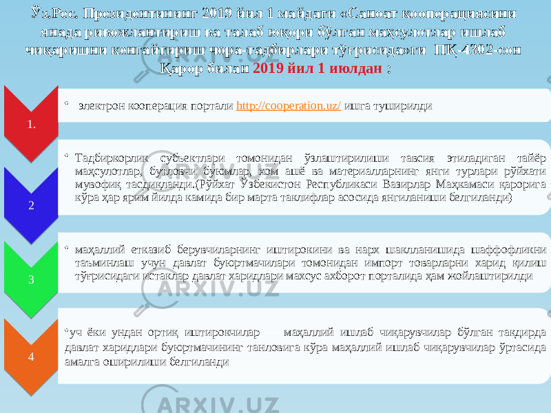 Ўз.Рес. Президентининг 2019 йил 1 майдаги «Саноат кооперациясини янада ривожлантириш ва талаб юқори бўлган маҳсулотлар ишлаб чиқаришни кенгайтириш чора-тадбирлари тўғрисида»ги ПҚ-4302-сон Қарор билан 2019 йил 1 июлдан : 1. • электрон кооперация портали http://cooperation.uz/ ишга туширилди 2 • Тадбиркорлик субъектлари томонидан ўзлаштирилиши тавсия этиладиган тайёр маҳсулотлар, бутловчи буюмлар, хом ашё ва материалларнинг янги турлари рўйхати мувофиқ тасдиқланди.(Рўйхат Ўзбекистон Республикаси Вазирлар Маҳкамаси қарорига кўра ҳар ярим йилда камида бир марта таклифлар асосида янгиланиши белгиланди) 3 • маҳаллий етказиб берувчиларнинг иштирокини ва нарх шаклланишида шаффофликни таъминлаш учун давлат буюртмачилари томонидан импорт товарларни харид қилиш тўғрисидаги истаклар давлат харидлари махсус ахборот порталида ҳам жойлаштирилди 4 • уч ёки ундан ортиқ иштирокчилар — маҳаллий ишлаб чиқарувчилар бўлган тақдирда давлат харидлари буюртмачининг танловига кўра маҳаллий ишлаб чиқарувчилар ўртасида амалга оширилиши белгиланди38 3F 40 44 