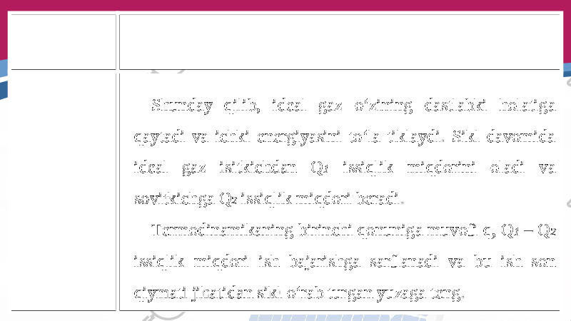 Shunday qilib, ideal gaz o‘zining dastlabki holatiga qaytadi va ichki energiyasini to‘la tiklaydi. Sikl davomida ideal gaz isitkichdan Q 1 issiqlik miqdorini oladi va sovitkichga Q 2 issiqlik miqdori beradi. Termodinamikaning birinchi qonuniga muvofi q, Q 1 – Q 2 issiqlik miqdori ish bajarishga sarflanadi va bu ish son qiymati jihatidan sikl o‘rab turgan yuzaga teng. 