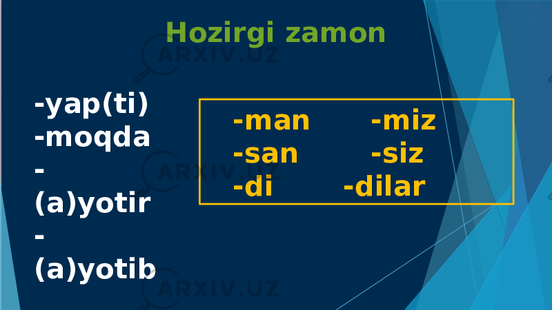 Hozirgi zamon -yap(ti) -moqda - (a)yotir - (a)yotib -man -miz -san -siz -di -dilar 