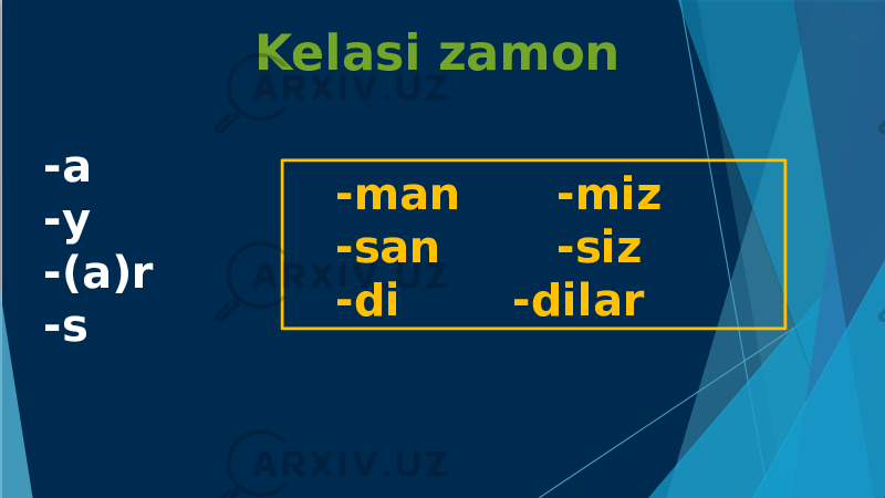 Kelasi zamon -a -y -(a)r -s -man -miz -san -siz -di -dilar 