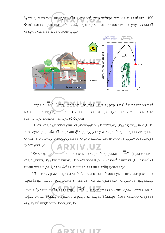 бўлган, газсимон шаклда қайд қилиниб, атомосфера ҳавоси таркибида ~100 Бк/м 3 концентрациядан бошлаб, одам организми саломатлиги учун жиддий ҳавфли ҳолатни юзага келтиради. Вақт (минут ) 0 32 Радонконцентрацияси(Бк/м3) 5500 2770 Ювиниш хонаси Душ ишга туширилган Душ ишга туширилмаган Ер ости сувлари Тупроқ Тоғжинслари Қудуқ Оқова сув тармоғи Rn 22 286 Rn22286 Радон ( 86222 Rn ) радиоактив изотопининг турар–жой биносига кириб келиш манбалари ва ювиниш хонасида сув очилган ҳолатда концентрациясининг ортиб бориши. Радон изотопи қурилиш материаллари таркибида, тупроқ қатламида, ер ости сувлари, табиий газ, тошкўмир, қудуқ суви таркибидан одам истиқомат қилувчи бинолар атмосферасига кириб келиш эҳтимоллиги даражаси юқори ҳисобланади. Жумладан, ювиниш хонаси ҳавоси таркибида радон ( 86222 Rn ) радиоактив изотопининг ўртача концентрацияси қиймати 8,5 Бк/м 3 , ошхонада 3 Бк/м 3 ва яшаш хонасида 0,23 Бк/м 3 ни ташкил қилиши қайд қилинади. Айниқса, ер ости қазилма бойликлари қазиб олинувчи шахталар ҳавоси таркибида ушбу радиоактив изотоп концентрацияси етарлича даражада юқори бўлиши қайд қилинади. 86222 Rn радиоактив изотопи одам организмига нафас олиш йўллари орқали киради ва нафас йўллари ўсма касалликларини келтириб чиқариши аниқланган. 