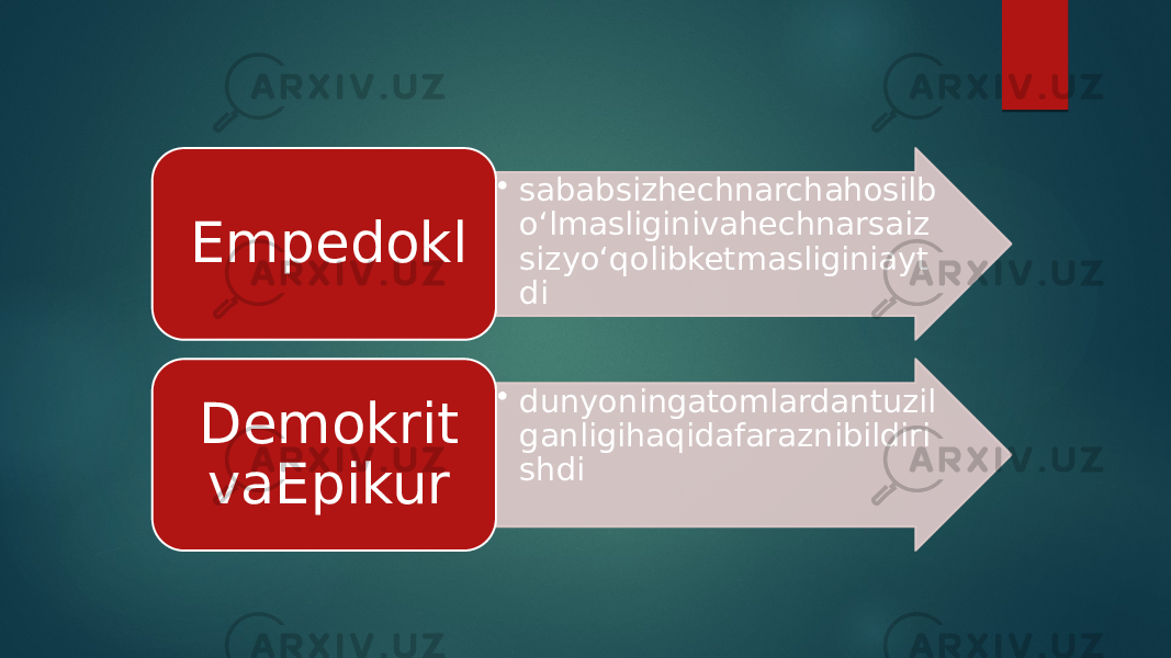 • sababsizhechnarchahosilb o‘lmasliginivahechnarsaiz sizyo‘qolibketmasliginiayt diEmpedokl • dunyoningatomlardantuzil ganligihaqidafaraznibildiri shdiDemokrit vaEpikur 