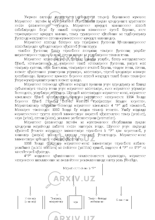 Умуман олганда маркетингга қуйидагича таъриф беришимиз мумкин: Маркетинг - эҳтиёж ва мухтожликни айрибошлаш орқали қондиришга қаратилган инсон фаолиятининг туридир. Маркетинг вужудга келишининг асосий сабабларидан бири бу ишлаб чиқариш хажмининг ортиб бориши, янги тармоқларнинг вужудга келиши, товар турларининг кўпайиши ва тадбиркорлар ўртасида маҳсулотни сотиш муаммосининг вужудга келишидир. Маркетинг асосида бозорни ҳар тарафлама ўрганиш йўналишларининг асосийларидан қуйидагиларни кўрсатиб ўтиш зарур: талабни ўрганиш; бозор таркибини аниқлаш; товарни ўрганиш; рақобат шароитларини тадқиқ қилиш; сотиш шакли ва услубларини тахлил этиш. Маркетинг корхоналарнинг бозорда ишлаш услуби, бозор методологияси бўлиб, истеъмолчилар ва уларнинг талаб истакларини ўрганиш, уларга мос товарлар яратиш, нарх белгилаш, товарларни етказиб бериш, такдим этиш, сотиш, хизмат кўрсатишни уюштириш усуллари, воситалари, тартиб-қоидалари мажмуи ҳисобланади. Буларнинг ҳаммаси биринчи асосий мақсадга талаб билан таклифни ўзаро мувофиқлаштиришга хизмат қилади. Маркетинг тизимида қўйилган мақсадга эришиш учун ҳаридорлар ва бошқа субъектларга таъсир этиш учун маркетинг воситалари, яъни маркетинг усуллари йиғиндиси, услублари зарурдир. Шундай воситалардан маркетинг-микс, маркетинг комплекси бўлиб ҳисобланади. Буларни маркетинг назариясига 1964 йилда биринчи бўлиб Гарвард бизнес мактаби профессори Борден киритган. Маркетологлар тайёрлаш тизимида маркетинг комплекси 4 “Р” деб номланиб, Маккарти томонидан 1960 йилда бу модел таклиф этилган. Ушбу моделда маркетингнинг туртта асосий элементлари ажратиб кўрсатилган: товар ( product ), нарх ( price ), сотиш ( place ), реклама-рағбатлантириш ( promotion ). Маркетинг фаолиятида эҳтиёж ва мухтожликни айирбошлаш орқали қондириш жараёнида албатта инсон иштирок этади. Шунинг учун юқорида кўрсатиб ўтилган маркетинг элементлари таркибига 5 “Р” ҳам киритилиб, у кишилар ( people ) эканлиги алоҳида такидлаб ўтилгандир. Маркетинг-микс элементлари қуйидаги чизмада кўрсатилган. 1968 йилда Ф.Котлер маркетинг-микс элементлари таркибига паблик- рилейшнз ( public relations ) ва сиёсатни ( politics ) кушиб, олдинги 4 “Р” ни 6“Р” га кенгайтириб кўрсатди. 4“Р” моделини қўлланишини чекланганлигига қарамасдан, маркетинг назариясини шаклланиши ва амалиётини ривожланишида илғор роль ўйнайди. Маркетинг тизими 5 “Р” Инсонлар (кишилар) Товарлар, маҳсулотлар нарх Товарни бозорда жойлашиши Силжитиш 