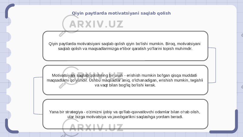 Qiyin paytlarda motivatsiyani saqlab qolish Qiyin paytlarda motivatsiyani saqlab qolish qiyin bo&#39;lishi mumkin. Biroq, motivatsiyani saqlab qolish va maqsadlarimizga e&#39;tibor qaratish yo&#39;llarini topish muhimdir. Motivatsiyani saqlab qolishning bir usuli - erishish mumkin bo&#39;lgan qisqa muddatli maqsadlarni qo&#39;yishdir. Ushbu maqsadlar aniq, o&#39;lchanadigan, erishish mumkin, tegishli va vaqt bilan bog&#39;liq bo&#39;lishi kerak. Yana bir strategiya - o&#39;zimizni ijobiy va qo&#39;llab-quvvatlovchi odamlar bilan o&#39;rab olish, ular bizga motivatsiya va javobgarlikni saqlashga yordam beradi. 