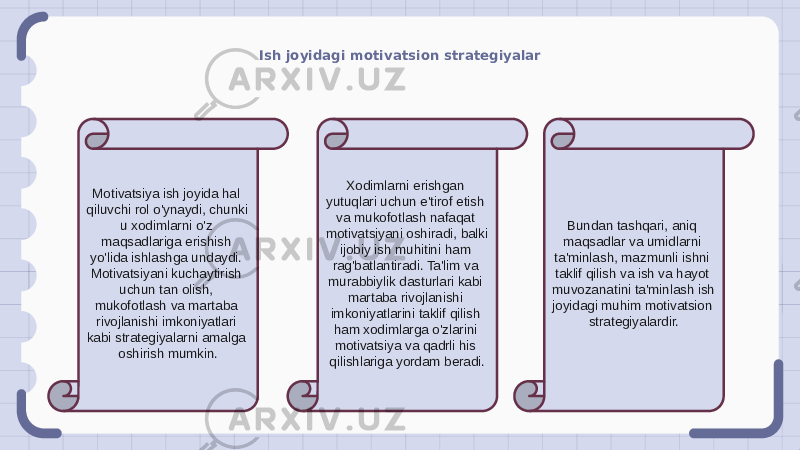 Ish joyidagi motivatsion strategiyalar Motivatsiya ish joyida hal qiluvchi rol o&#39;ynaydi, chunki u xodimlarni o&#39;z maqsadlariga erishish yo&#39;lida ishlashga undaydi. Motivatsiyani kuchaytirish uchun tan olish, mukofotlash va martaba rivojlanishi imkoniyatlari kabi strategiyalarni amalga oshirish mumkin. Xodimlarni erishgan yutuqlari uchun e&#39;tirof etish va mukofotlash nafaqat motivatsiyani oshiradi, balki ijobiy ish muhitini ham rag&#39;batlantiradi. Ta&#39;lim va murabbiylik dasturlari kabi martaba rivojlanishi imkoniyatlarini taklif qilish ham xodimlarga o&#39;zlarini motivatsiya va qadrli his qilishlariga yordam beradi. Bundan tashqari, aniq maqsadlar va umidlarni ta&#39;minlash, mazmunli ishni taklif qilish va ish va hayot muvozanatini ta&#39;minlash ish joyidagi muhim motivatsion strategiyalardir. 