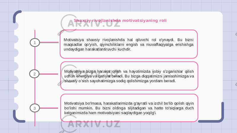 Shaxsiy rivojlanishda motivatsiyaning roli Motivatsiya shaxsiy rivojlanishda hal qiluvchi rol o&#39;ynaydi. Bu bizni maqsadlar qo&#39;yish, qiyinchiliklarni engish va muvaffaqiyatga erishishga undaydigan harakatlantiruvchi kuchdir. Motivatsiya bizga harakat qilish va hayotimizda ijobiy o&#39;zgarishlar qilish uchun energiya va qat&#39;iyat beradi. Bu bizga diqqatimizni jamlashimizga va shaxsiy o&#39;sish sayohatimizga sodiq qolishimizga yordam beradi. Motivatsiya bo&#39;lmasa, harakatlarimizda g&#39;ayratli va izchil bo&#39;lib qolish qiyin bo&#39;lishi mumkin. Bu bizni oldinga siljitadigan va hatto to&#39;siqlarga duch kelganimizda ham motivatsiyani saqlaydigan yoqilg&#39;i.1 2 3 