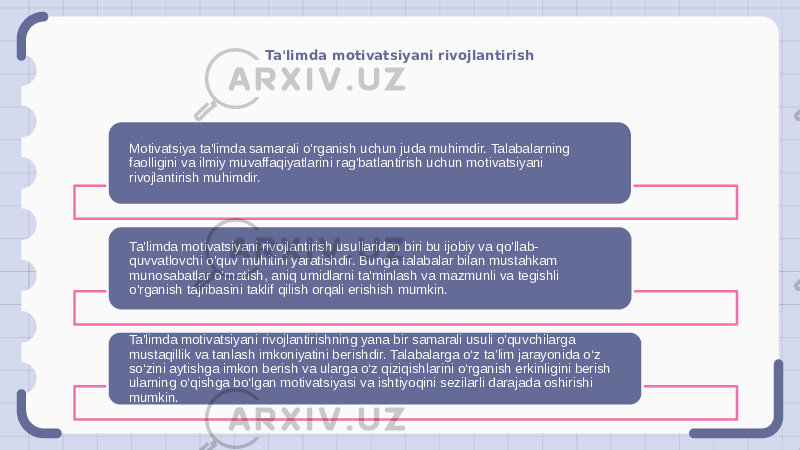 Ta&#39;limda motivatsiyani rivojlantirish Motivatsiya ta&#39;limda samarali o&#39;rganish uchun juda muhimdir. Talabalarning faolligini va ilmiy muvaffaqiyatlarini rag&#39;batlantirish uchun motivatsiyani rivojlantirish muhimdir. Ta&#39;limda motivatsiyani rivojlantirish usullaridan biri bu ijobiy va qo&#39;llab- quvvatlovchi o&#39;quv muhitini yaratishdir. Bunga talabalar bilan mustahkam munosabatlar o&#39;rnatish, aniq umidlarni ta&#39;minlash va mazmunli va tegishli o&#39;rganish tajribasini taklif qilish orqali erishish mumkin. Ta&#39;limda motivatsiyani rivojlantirishning yana bir samarali usuli o&#39;quvchilarga mustaqillik va tanlash imkoniyatini berishdir. Talabalarga o‘z ta’lim jarayonida o‘z so‘zini aytishga imkon berish va ularga o‘z qiziqishlarini o‘rganish erkinligini berish ularning o‘qishga bo‘lgan motivatsiyasi va ishtiyoqini sezilarli darajada oshirishi mumkin. 