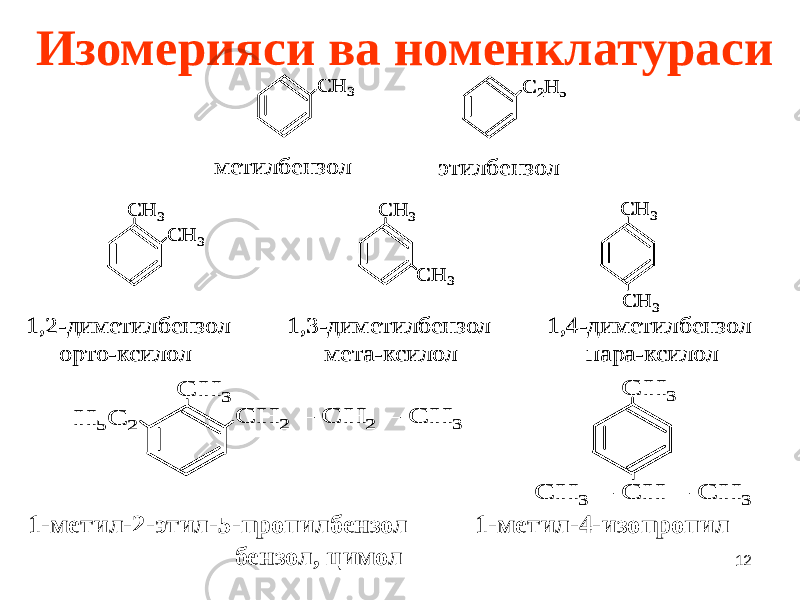 12Изомерияси ва номенклатурасиСН 3 СН 3 СН 3 СН 3 СН 3 СН 3 1,2 -диметилбензол 1,3 -диметилбензол 1,4 -диметилбензол орто -ксилол мета -ксилол пара -ксилол С 2Н 5 СН 3 метилбензол этилбензол СН 3 СН 3 СН 3 СН 3 СН 3 СН 3 1,2 -диметилбензол 1,3 -диметилбензол 1,4 -диметилбензол орто -ксилол мета -ксилол пара -ксилол СН 3 СН 3 СН 3 СН 3 СН 3 СН 3 1,2 -диметилбензол 1,3 -диметилбензол 1,4 -диметилбензол орто -ксилол мета -ксилол пара -ксилол С 2Н 5 СН 3 метилбензол этилбензол С 2Н 5 СН 3 метилбензол этилбензол Н 5С 2 СН 2 – СН 2 – СН 3 СН 3 СН 3 СН 3 – СН – СН 3 Н 5С 2 СН 2 – СН 2 – СН 3 СН 3 СН 3 СН 3 – СН – СН 3 1-метил-2-этил-5-пропилбензол 1-метил-4-изопропил бензол, цимол 