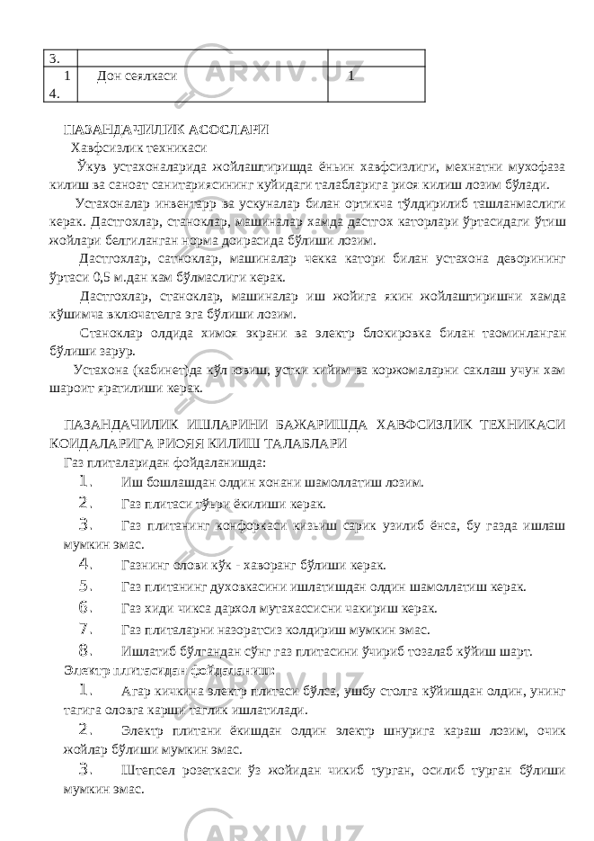 3. 1 4. Дон сеялкаси 1 ПАЗАНДАЧИЛИК АСОСЛАРИ Хавфсизлик техникаси Ўкув устахоналарида жойлаштиришда ёньин хавфсизлиги, мехнатни мухофаза килиш ва саноат санитариясининг куйидаги талабларига риоя килиш лозим бўлади. Устахоналар инвентар p ва ускуналар билан ортикча тўлдирилиб ташланмаслиги керак. Дастгохлар, станоклар, машиналар хамда дастгох каторлари ўртасидаги ўтиш жойлари белгиланган норма доирасида бўлиши лозим. Дастгохлар, сатноклар, машиналар чекка катори билан устахона деворининг ўртаси 0,5 м.дан кам бўлмаслиги керак. Дастгохлар, станоклар, машиналар иш жойига якин жойлаштиришни хамда кўшимча включателга эга бўлиши лозим. Станоклар олдида химоя экрани ва электр блокировка билан та o минланган бўлиши зарур. Устахона (кабинет)да кўл ювиш, устки кийим ва коржомаларни саклаш учун хам шароит яратилиши керак. ПАЗАНДАЧИЛИК ИШЛАРИНИ БАЖАРИШДА ХАВФСИЗЛИК ТЕХНИКАСИ КОИДАЛАРИГА РИОЯЯ КИЛИШ ТАЛАБЛАРИ Газ плиталаридан фойдаланишда: 1. Иш бошлашдан олдин хонани шамоллатиш лозим. 2. Газ плитаси тўьри ёкилиши керак. 3. Газ плитанинг конфоркаси кизьиш сарик узилиб ёнса, бу газда ишлаш мумкин эмас. 4. Газнинг олови кўк - хаворанг бўлиши керак. 5. Газ плитанинг духовкасини ишлатишдан олдин шамоллатиш керак. 6. Газ хиди чикса дархол мутахассисни чакириш керак. 7. Газ плиталарни назоратсиз колдириш мумкин эмас. 8. Ишлатиб бўлгандан сўнг газ плитасини ўчириб тозалаб кўйиш шарт. Электр плитасидан фойдаланиш: 1. Агар кичкина электр плитаси бўлса, ушбу столга кўйишдан олдин, унинг тагига оловга карши таглик ишлатилади. 2. Электр плитани ёкишдан олдин электр шнурига караш лозим, очик жойлар бўлиши мумкин эмас. 3. Штепсел розеткаси ўз жойидан чикиб турган, осилиб турган бўлиши мумкин эмас. 