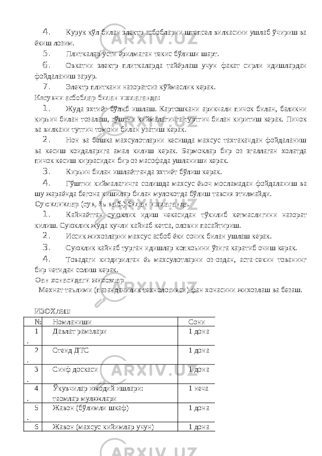 4. Курук кўл билан электр асбобларни штепсел вилкасини ушлаб ўчириш ва ёкиш лозим. 5. Плиткалар усти ёрилмаган текис бўлиши шарт. 6. Овкатни электр плиткаларда тайёрлаш учун факат сирли идишлардан фойдаланиш зарур. 7. Электр плиткани назоратсиз кўймаслик керак. Кесувчи асбоблар билан ишлаганда: 1. Жуда эхтиёт бўлиб ишлаш. Картошкани арикчали пичок билан, баликни кирьич билан тозалаш, гўштни киймалагичга туртгич билан киритиш керак. Пичок ва вилкани тутгич томони билан узатиш керак. 2. Нон ва бошка махсулотларни кесишда махсус тахтакачдан фойдаланиш ва кесиш коидаларига амал килиш керак. Бармоклар бир оз эгаллаган холатда пичок кесиш киррасидан бир оз масофада ушланиши керак. 3. Кирьич билан ишлаётганда эхтиёт бўлиш керак. 4. Гўштни киймалагичга солишда махсус ёьоч мосламадан фойдаланиш ва шу жараёнда бегона кишилар билан мулокотда бўлиш тавсия этилмайди. Суюкликлар (сув, ёь ва б.) билан ишлаганда. 1. Кайнаётган суюклик идиш чекасидан тўкилиб кетмаслигини назорат килиш. Суюклик жуда кучли кайнаб кетса, оловни пасайтириш. 2. Иссик жихозларни махсус асбоб ёки сочик билан ушлаш керак. 3. Суюклик кайнаб турган идишлар копкоьини ўзига каратиб очиш керак. 4. Товадаги киздирилган ёь махсулотларни оз-оздан, аста-секин тованинг бир четидан солиш керак. Фан хонасидаги жихозлар Мехнат таълими (пазандачилик технологияси) фан хонасини жихозлаш ва безаш. ИЗОХ лаш № Номланиши Сони 1 . Давлат рамзлари 1 дона 2 . Стенд ДТС 1 дона 3 . Синф доскаси 1 дона 4 . Ўкувчилар ижодий ишлари: таомлар муляжлари 1 неча 5 . Жавон (бўлимли шкаф) 1 дона 6 Жавон (махсус кийимлар учун) 1 дона 