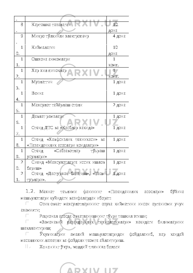 . 8 . Картошка тозалагич 10 дона 9 . Микро тўлкинли электропеч p 4 дона 1 0. Киймалагич 10 дона 1 1. Ошхона анжомлари 1 комп. 1 2. Хар хил пичоклар 1 комп. 1 3. Музлатгич 1 дона 1 4. Ванна 1 дона 1 5. Махсулот тайёрлаш столи 2 дона 1 6. Давлат рамзлари 1 дона 1 7. Стенд ДТС ва «Касблар хакида» 1 дона 1 8. Стенд «Хавфсизлик техникаси» ва «Пазандачилик асослари коидалари» 1 дона 1 9. Стенд «Сабзавотлар тўьраш усуллари» 1 дона 2 0. Сиенд «Махсулотларга иссик ишлов бериш» 1 дона 2 1. Стенд «Дастурхон безатиш», «Таом турлари». 1 дона 1.2. Мехнат таълими фанининг «Пазандачилик асослари» бўйича машьулотлари куйидаги вазифалардан иборат: n Озик-овкат махсулотларининг озука кийматини инсон организми учун ахамияти; n Рационал асосда овкатланишнинг тўьри ташкил этиши; n «Замонавий пазандачилик технологиялари» хакидаги билимларини шакллантириш; n Ўкувчиларни амалий машьулотларидан фойдаланиб, хар кандай масалликни лаззатли ва фойдали таомга айлантириш. II. Хонанинг ўкув, моддий-техника базаси 