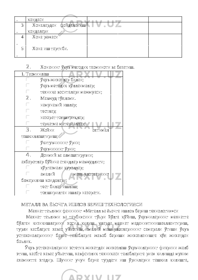 . коидаси 3 . Хоналардан фойдаланиш коидалари 4 . Хона режаси 5 . Хона иш тартиби. 2. Хонанинг ўкув методик та o миноти ва безатиш. 1. Та o минлаш n ўкув жихозлар билан; n ўкув методик кўлланмалар; n техника воситалари мажмуаси; 2. Мавжуд тўплами. n намунавий ишлар; n тестлар; n назорат топшириклар; n таркатма материаллар; 3. Жойни оптимал ташкиллаштириш; n ўкитувчининг ўрни; n ўкувчининг ўрни; 4. Доимий ва алмаштирувчи; ахборотлар бўйича стендлар мавжудлиги; n кўргазмали куроллар; n амалий машьулотларнинг бажарилиш коидалари; n тест билан ишлаш; n топширилган ишлар назорати. МЕТАЛЛ ВА ЁЬОЧГА ИШЛОВ БЕРИШ ТЕХНОЛОГИЯСИ Мехнат таълими фанининг «Металл ва ёьочга ишлов бериш технология»си Мехнат таълими ва тарбиясини тўьри йўлга кўйиш, ўкувчиларнинг мехнатга бўлган кизикишларини хосил килиш, уларда мехнат маданиятинишакллантириш, турли касбларга хавас уйьотиш, амалий машьулотларининг самарали ўтиши ўкув устахоналарининг барча талабларга жавоб бериши жихозланишга кўп жихатдан боьлик. Ўкув устахоналарини эстетик жихатдан жихозлаш ўкувчиларнинг фикрини жалб этиш, касбга хавас уйьотиш, хавфсизлик техникаси талабларига риоя килишда мухим ахамиятга эгадир. Шунинг учун барча турдаги иш ўринларни ташкил килишга, 