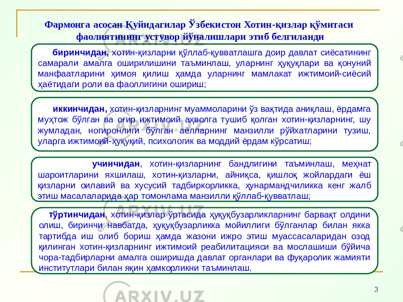 3Фармонга асосан Қуйидагилар Ўзбекистон Хотин-қизлар қўмитаси фаолиятининг устувор йўналишлари этиб белгиланди биринчидан, хотин-қизларни қўллаб-қувватлашга доир давлат сиёсатининг самарали амалга оширилишини таъминлаш, уларнинг ҳуқуқлари ва қонуний манфаатларини ҳимоя қилиш ҳамда уларнинг мамлакат ижтимоий-сиёсий ҳаётидаги роли ва фаоллигини ошириш; иккинчидан, хотин-қизларнинг муаммоларини ўз вақтида аниқлаш, ёрдамга муҳтож бўлган ва оғир ижтимоий аҳволга тушиб қолган хотин-қизларнинг, шу жумладан, ногиронлиги бўлган аёлларнинг манзилли рўйхатларини тузиш, уларга ижтимоий-ҳуқуқий, психологик ва моддий ёрдам кўрсатиш; учинчидан , хотин-қизларнинг бандлигини таъминлаш, меҳнат шароитларини яхшилаш, хотин-қизларни, айниқса, қишлоқ жойлардаги ёш қизларни оилавий ва хусусий тадбиркорликка, ҳунармандчиликка кенг жалб этиш масалаларида ҳар томонлама манзилли қўллаб-қувватлаш; тўртинчидан , хотин-қизлар ўртасида ҳуқуқбузарликларнинг барвақт олдини олиш, биринчи навбатда, ҳуқуқбузарликка мойиллиги бўлганлар билан якка тартибда иш олиб бориш ҳамда жазони ижро этиш муассасаларидан озод қилинган хотин-қизларнинг ижтимоий реабилитацияси ва мослашиши бўйича чора-тадбирларни амалга оширишда давлат органлари ва фуқаролик жамияти институтлари билан яқин ҳамкорликни таъминлаш. 