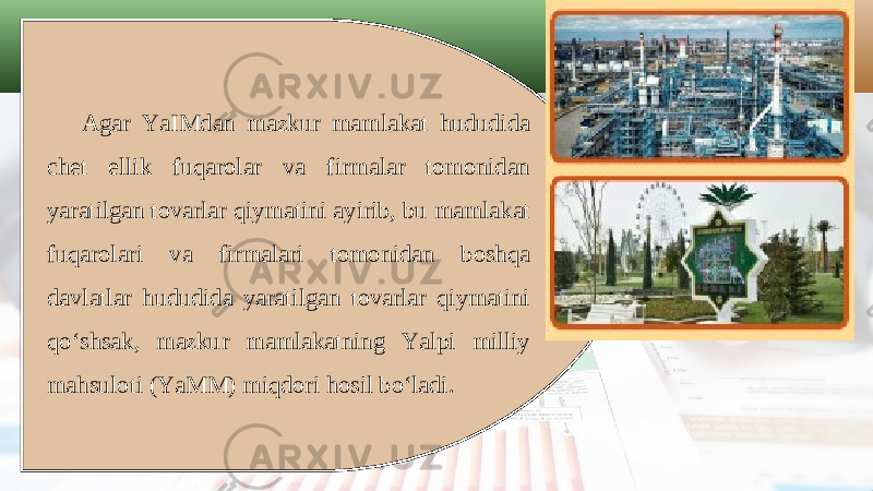 Agar YaIMdan mazkur mamlakat hududida chet ellik fuqarolar va firmalar tomonidan yaratilgan tovarlar qiymatini ayirib, bu mamlakat fuqarolari va firmalari tomonidan boshqa davlatlar hududida yaratilgan tovarlar qiymatini qo‘shsak, mazkur mamlakatning Yalpi milliy mahsuloti (YaMM) miqdori hosil bo‘ladi. 