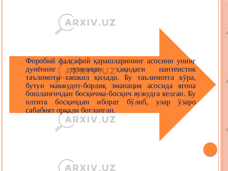 Форобий фалсафий қарашларининг асосини унинг дунёнинг тузилиши ҳақидаги пантеистик таълимоти ташкил қилади. Бу таълимотга кўра, бутун мавжудот-борлиқ эманация асосида ягона бошланғичдан босқичма-босқич вужудга келган. Бу олтита босқичдан иборат бўлиб, улар ўзаро сабабият орқали боғланган. 