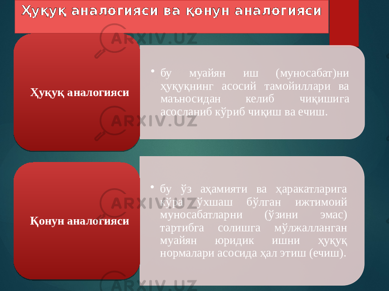 Ҳуқуқ аналогияси ва қонун аналогияси • бу муайян иш (муносабат)ни ҳуқуқнинг асосий тамойиллари ва маъносидан келиб чиқишига асосланиб кўриб чиқиш ва ечиш.Ҳуқуқ аналогияси • бу ўз аҳамияти ва ҳаракатларига кўра ўхшаш бўлган ижтимоий муносабатларни (ўзини эмас) тартибга солишга мўлжалланган муайян юридик ишни ҳуқуқ нормалари асосида ҳал этиш (ечиш).Қонун аналогияси 465455 48 