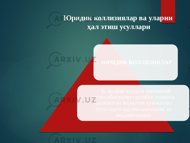 Юридик коллизиялар ва уларни ҳал этиш усуллари ЮРИДИК КОЛЛИЗИЯЛАР – бу муайян турдаги ижтимоий муносабатларни тартибга солишга қаратилган норматив ҳужжатлар ўртасидаги қарама-қаршилик ва зиддиятлардир. 