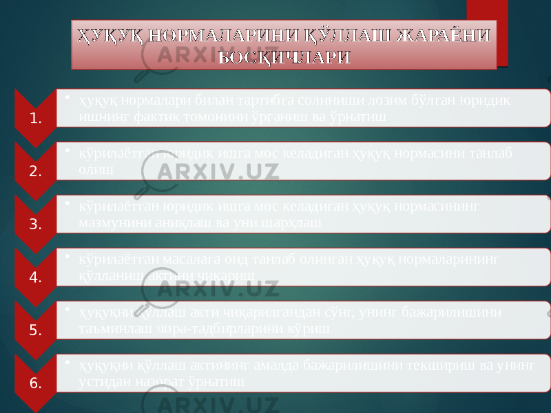 ҲУҚУҚ НОРМАЛАРИНИ ҚЎЛЛАШ ЖАРАЁНИ БОСҚИЧЛАРИ 1. • ҳуқуқ нормалари билан тартибга солиниши лозим бўлган юридик ишнинг фактик томонини ўрганиш ва ўрнатиш 2. • кўрилаётган юридик ишга мос келадиган ҳуқуқ нормасини танлаб олиш 3. • кўрилаётган юридик ишга мос келадиган ҳуқуқ нормасининг мазмунини аниқлаш ва уни шарҳлаш 4. • кўрилаётган масалага оид танлаб олинган ҳуқуқ нормаларининг қўлланиш актини чиқариш 5. • ҳуқуқни қўллаш акти чиқарилгандан сўнг, унинг бажарилишини таъминлаш чора-тадбирларини кўриш 6. • ҳуқуқни қўллаш актининг амалда бажарилишини текшириш ва унинг устидан назорат ўрнатиш 