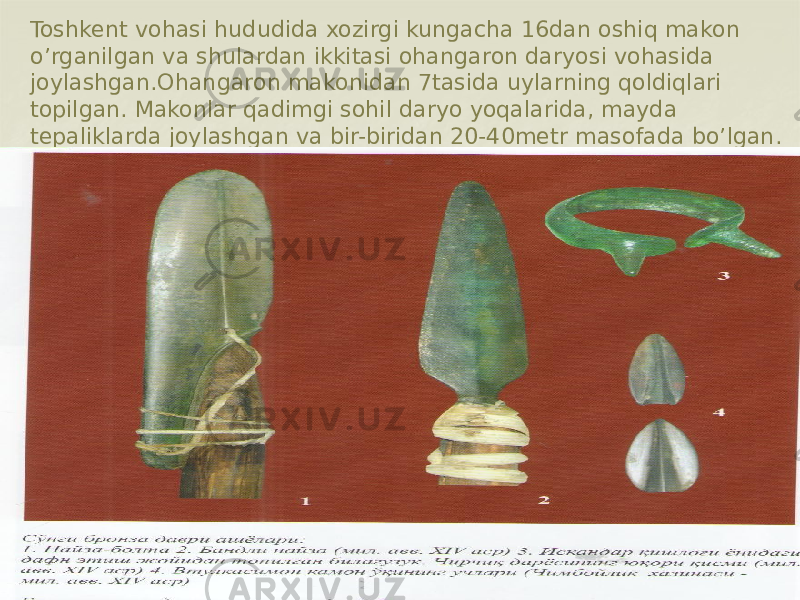 Toshkent vohasi hududida xozirgi kungacha 16dan oshiq makon o’rganilgan va shulardan ikkitasi ohangaron daryosi vohasida joylashgan.Ohangaron makonidan 7tasida uylarning qoldiqlari topilgan. Makonlar qadimgi sohil daryo yoqalarida, mayda tepaliklarda joylashgan va bir-biridan 20-40metr masofada bo’lgan. 