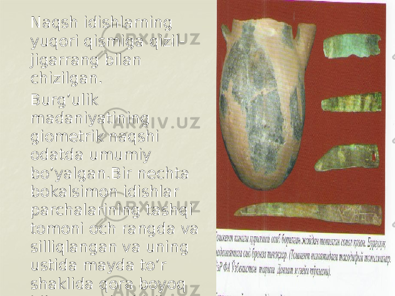 Naqsh idishlarning yuqori qismiga qizil- jigarrang bilan chizilgan. Burg’ulik madaniyatining giometrik naqshi odatda umumiy bo’yalgan.Bir nechta bokalsimon idishlar parchalarining tashqi tomoni och rangda va silliqlangan va uning ustida mayda to’r shaklida qora boyoq bilan naqsh chizilgan. 