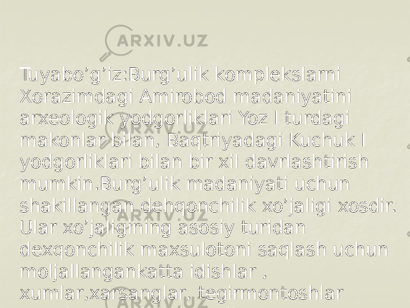 Tuyabo’g’iz:Burg’ulik komplekslarni Xorazimdagi Amirobod madaniyatini arxeologik yodgorliklari Yoz I turdagi makonlar bilan, Baqtriyadagi Kuchuk I yodgorliklari bilan bir xil davrlashtirish mumkin.Burg’ulik madaniyati uchun shakillangan dehqonchilik xo’jaligi xosdir. Ular xo’jaligining asosiy turidan dexqonchilik maxsulotoni saqlash uchun moljallangankatta idishlar , xumlar,xarsanglar, tegirmontoshlar o’roqlar guvohlik beradi. 