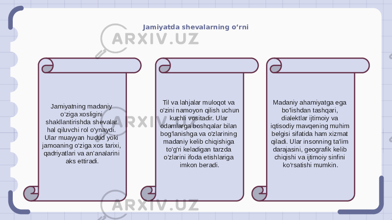 Jamiyatda shevalarning o‘rni Jamiyatning madaniy o‘ziga xosligini shakllantirishda shevalar hal qiluvchi rol o‘ynaydi. Ular muayyan hudud yoki jamoaning o‘ziga xos tarixi, qadriyatlari va an’analarini aks ettiradi. Til va lahjalar muloqot va o&#39;zini namoyon qilish uchun kuchli vositadir. Ular odamlarga boshqalar bilan bog&#39;lanishga va o&#39;zlarining madaniy kelib chiqishiga to&#39;g&#39;ri keladigan tarzda o&#39;zlarini ifoda etishlariga imkon beradi. Madaniy ahamiyatga ega bo&#39;lishdan tashqari, dialektlar ijtimoiy va iqtisodiy mavqening muhim belgisi sifatida ham xizmat qiladi. Ular insonning ta&#39;lim darajasini, geografik kelib chiqishi va ijtimoiy sinfini ko&#39;rsatishi mumkin. 